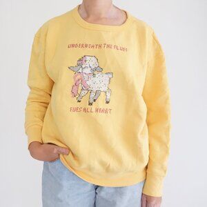 Vintage Fruit of the Loom Yellow Cotton Blend Lamb Graphic Sweet Sweatshirt L